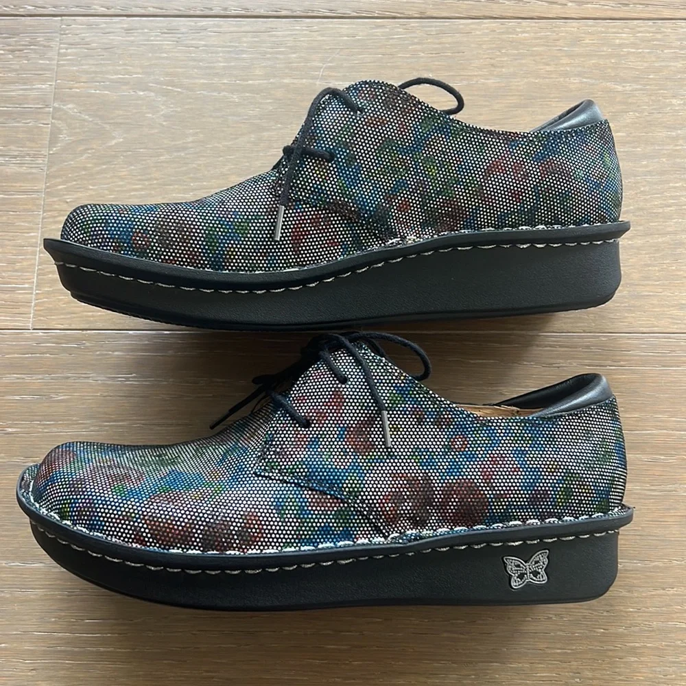 NWT Alegria Bree Multi Dot Floral Black Flats Leather Loafers Clog